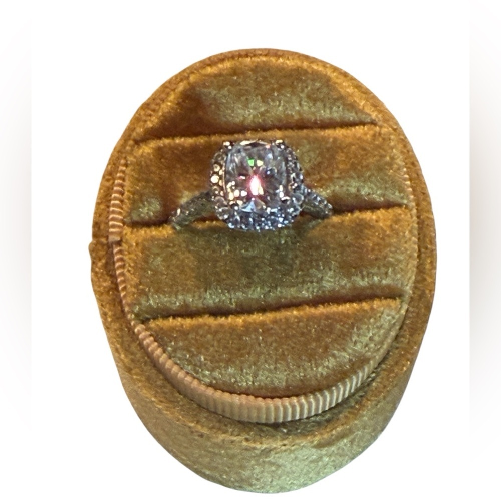 3.0ct Silver Halo Cushion-Cut Moissanite Engagement Ring.